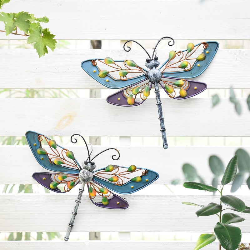 Sungmor Metal Dragonfly Wall Decor, 2PC Colorful Painted Garden Metal Art Decorations, Outdoor Hanging Metal Wall Art, Lovely Dragonfly Sculpture Wall Decoration for Home Yard Patio Garden Fence - Image 2